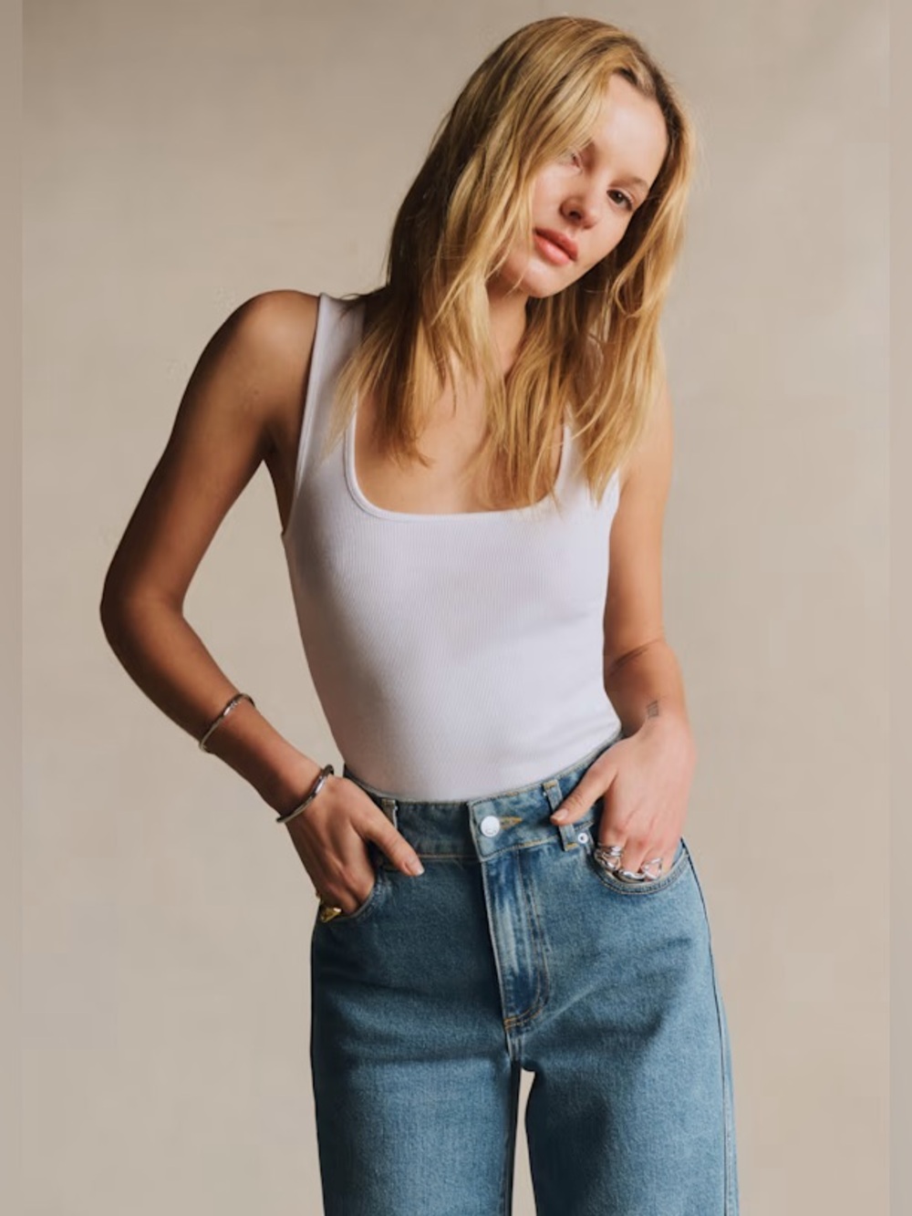 Sezane Juan Top White Organic Cotton Blend Square Neck Ribbed Tank Minimalist